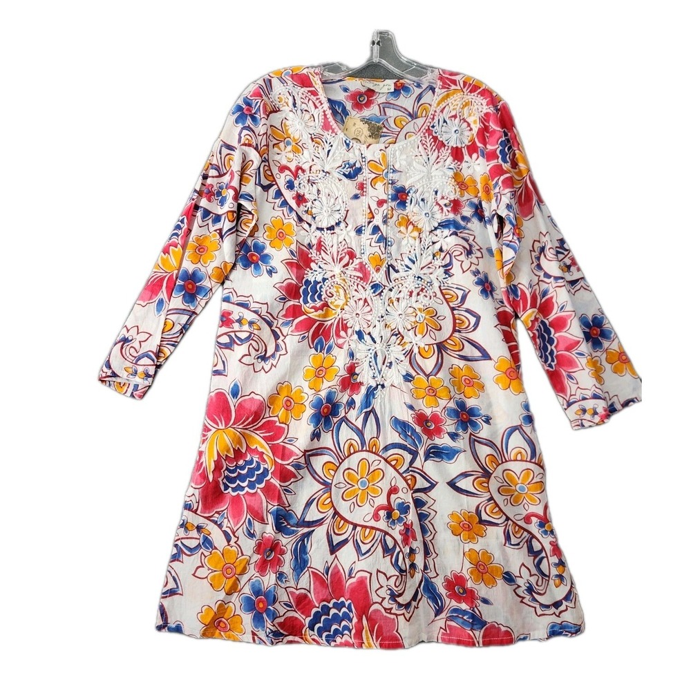 Vintage Goa Shirt Womens‎ Sx M Multicolor Floral Embroidered Boho Tunic Top NWT